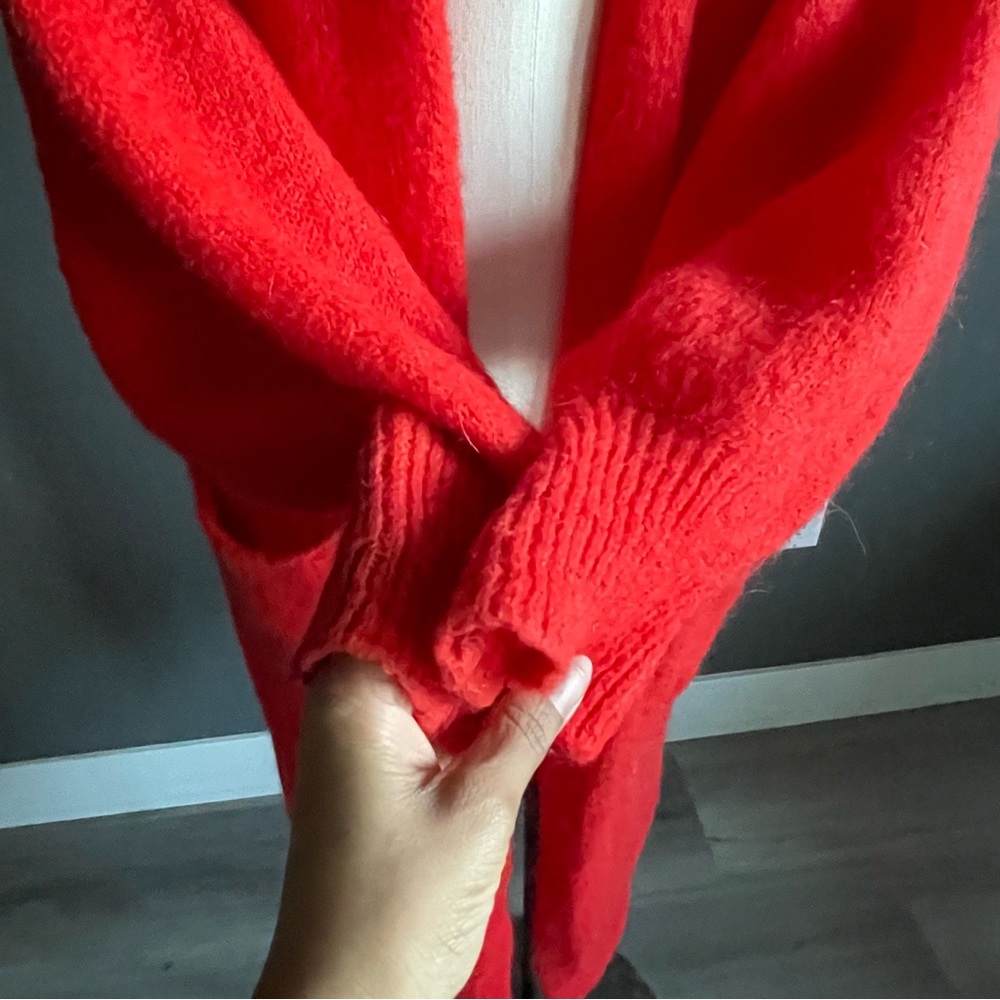 Italian Mohair Blend Red Longline Cardigan | Made in Italy Cozy Statement - Picture 3 of 6